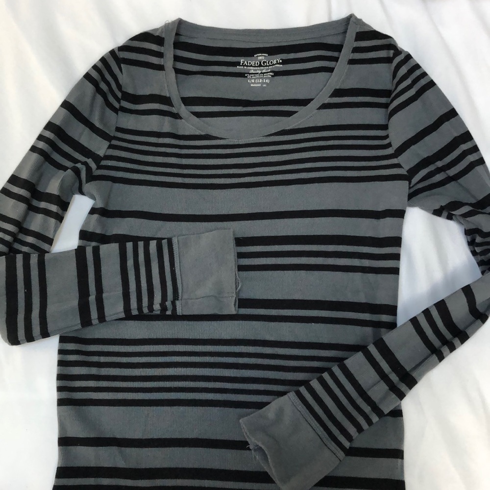 Faded Glory Grey & Black Stripes Long Sleeve Top
